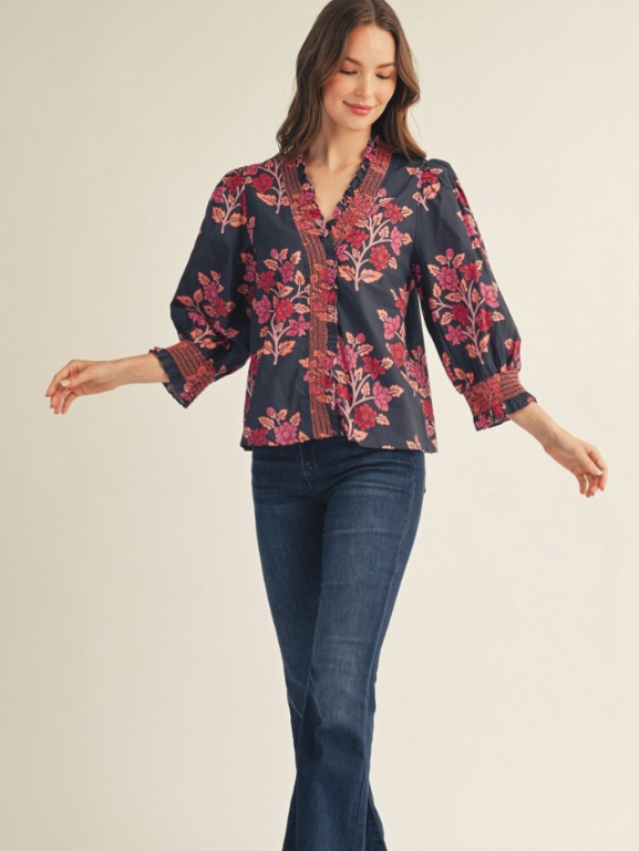 Embroidered Smocking Detail Floral Navy Top