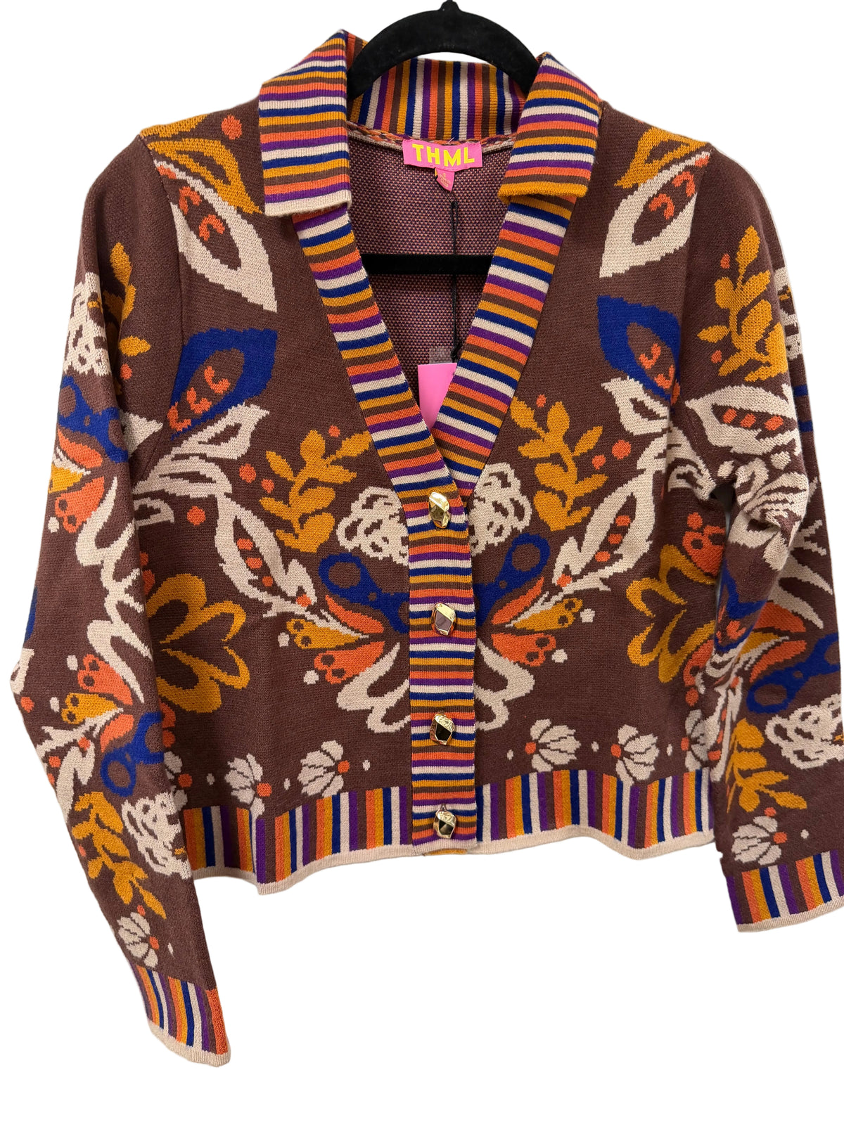 V-neck Cardigan With Gold Buttons - Brown