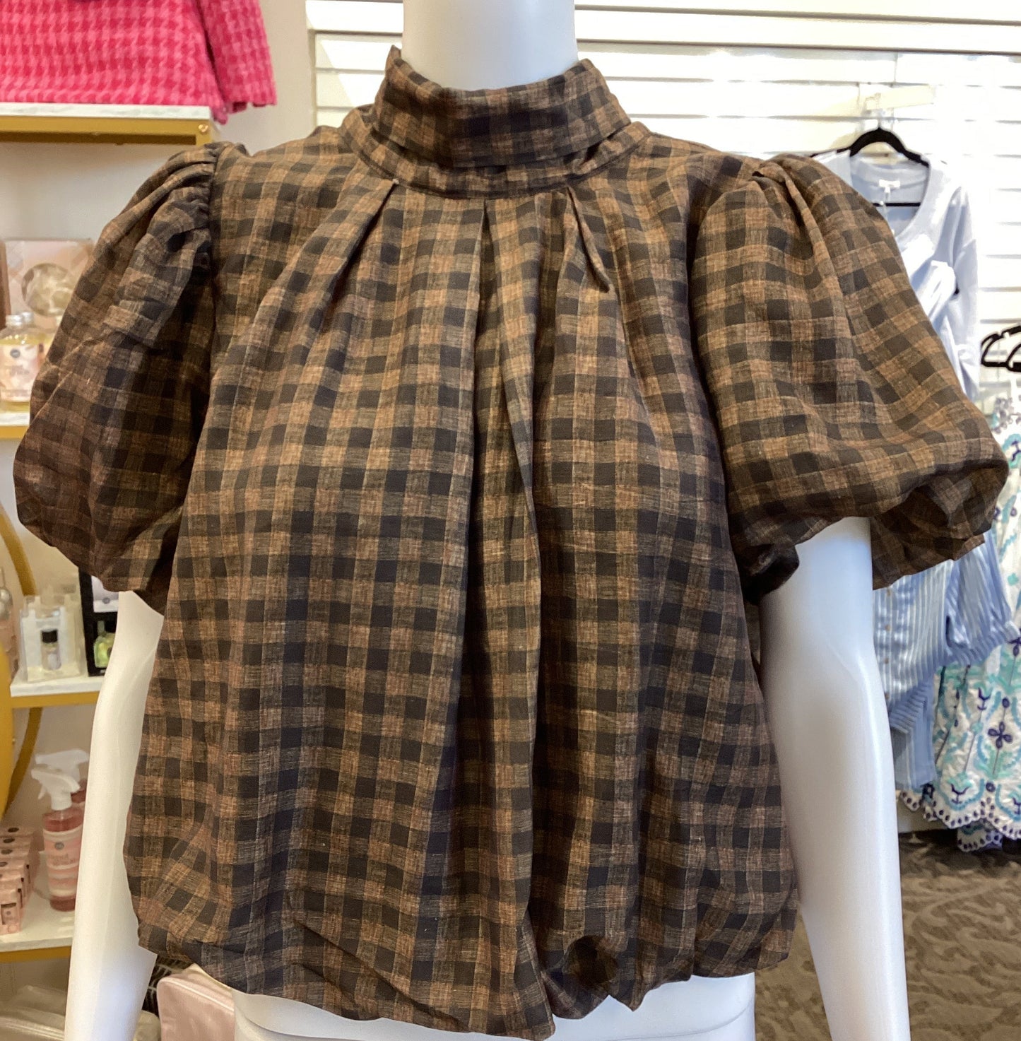 Brown Bubble Tie Neck Top