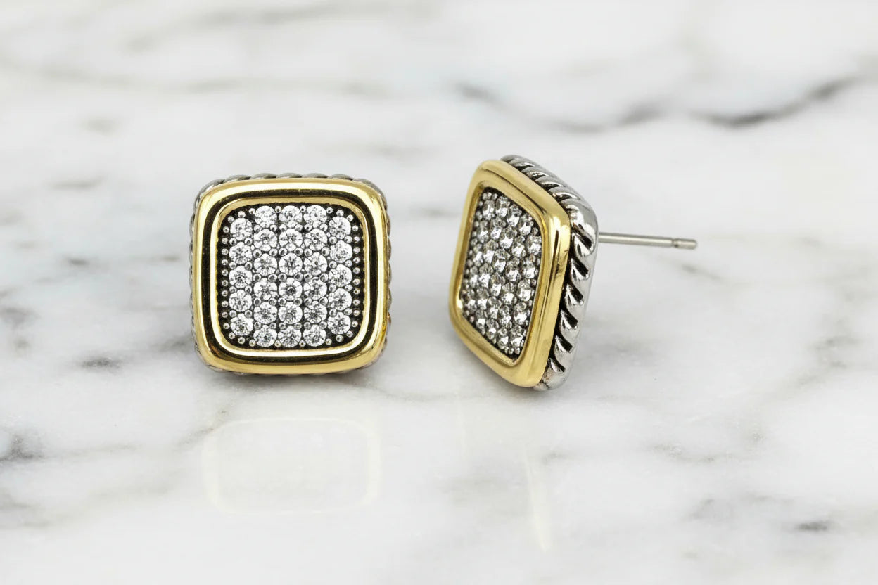 Two Tone Square Pave Post Earring