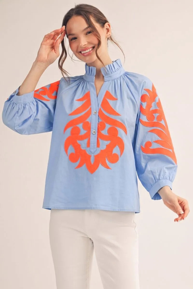 Baroque Applique Top - Azure/Orange