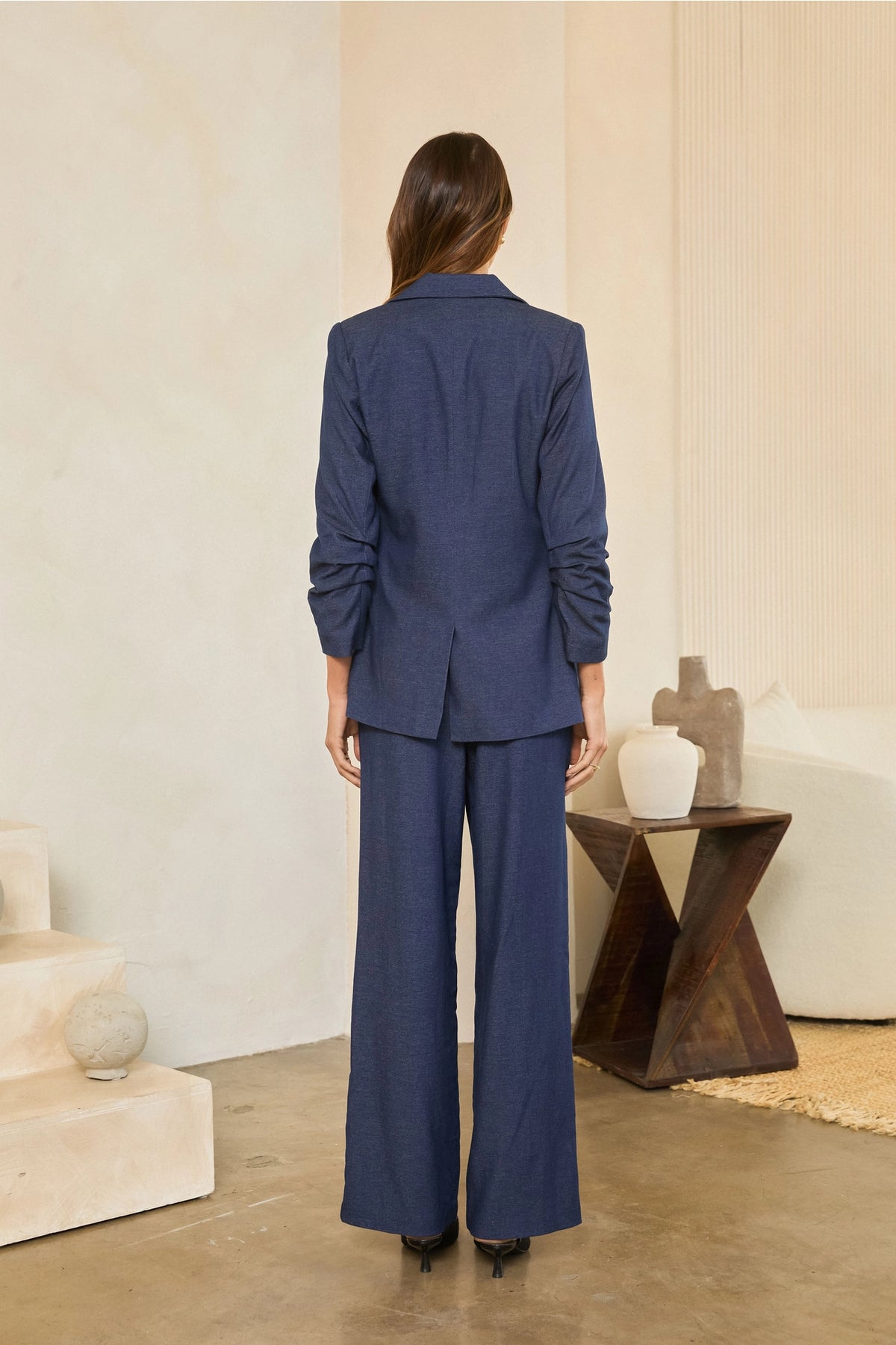 Open-Front Gathered Sleeve Blazer