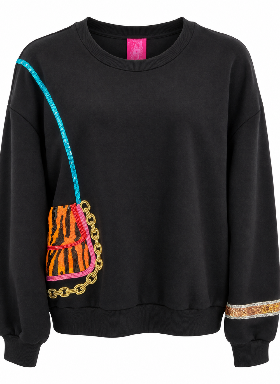 Black Tiger Purse On Shoulder & Watch Sweatshirt