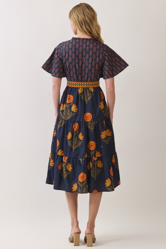 Navy Floral Tiered Midi Dress