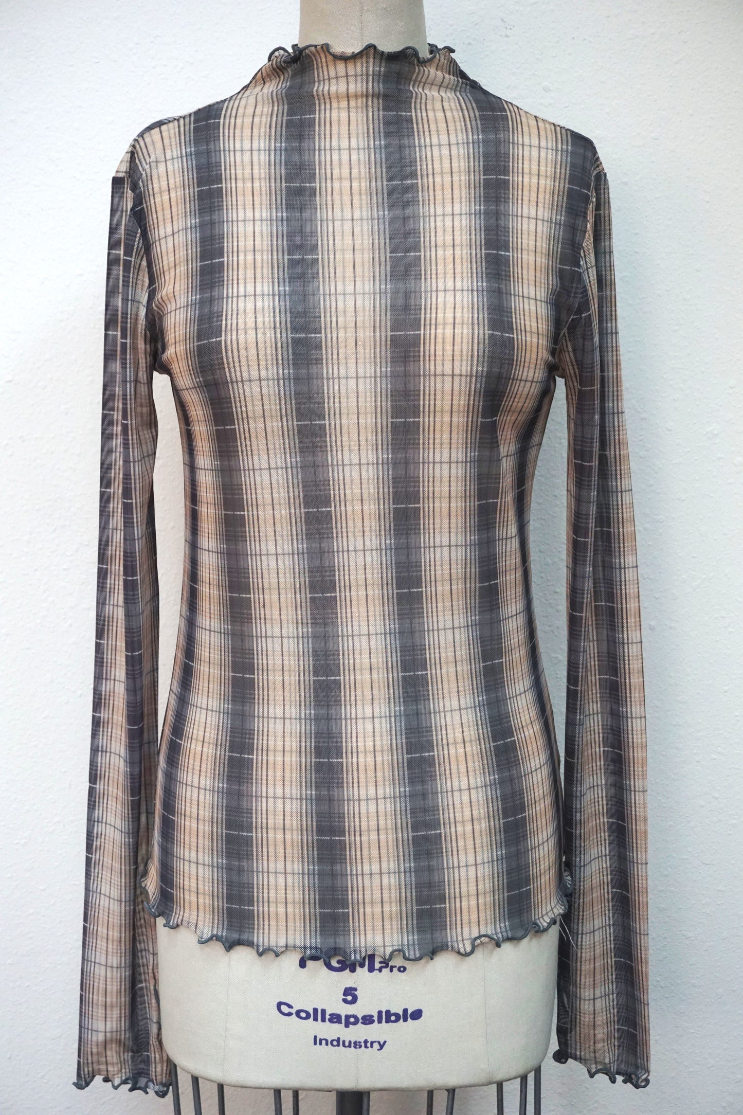 Plaid Mesh Mock Neck Top
