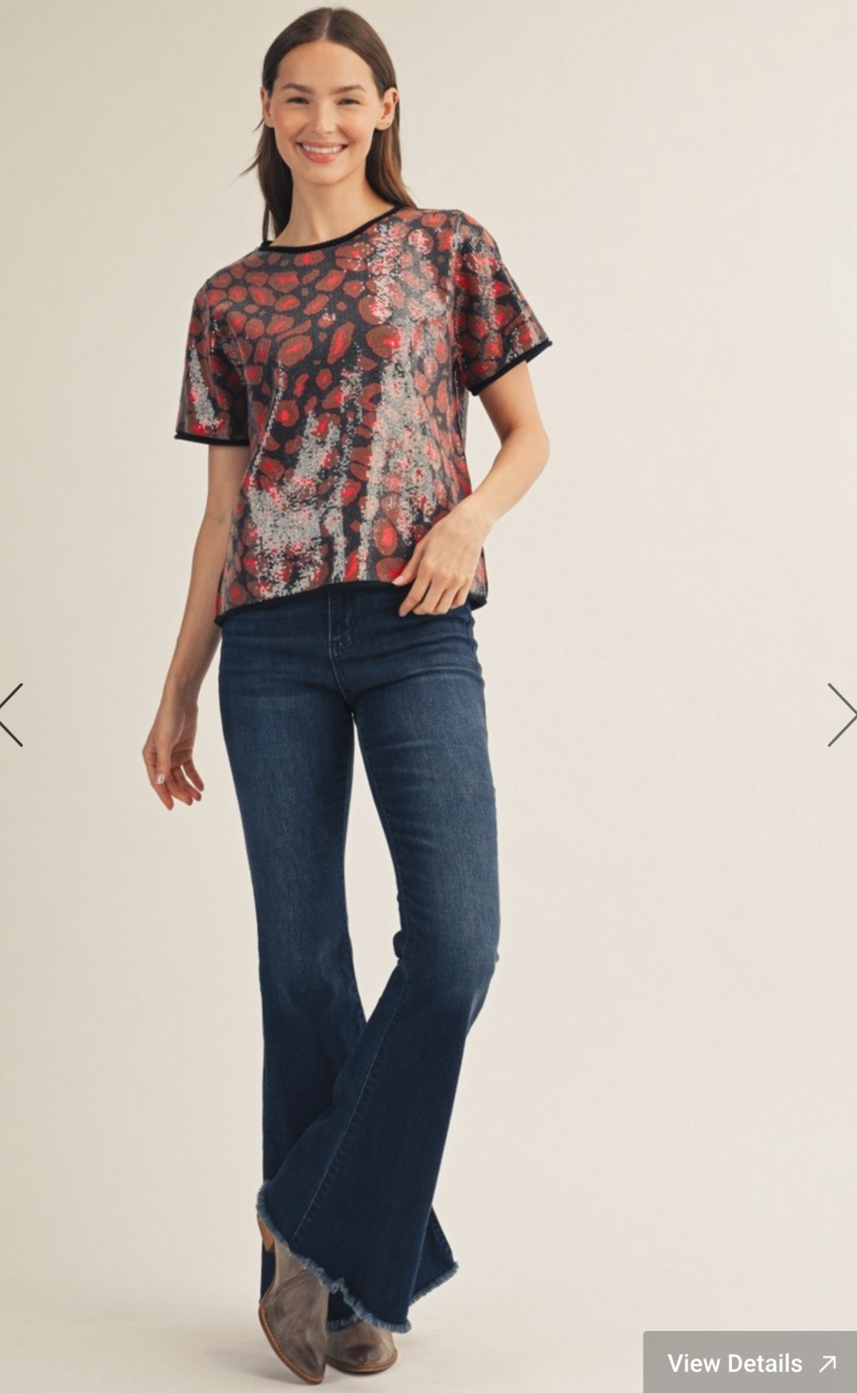 Rolled Edge Detail Sequins Covered Leopard Sweater
