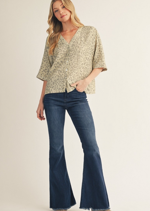 Button Down Metallic Leopard Top in Dusty Sage