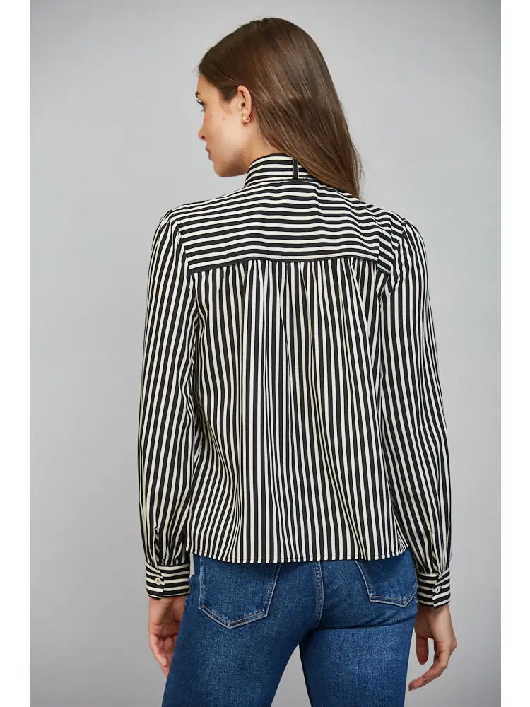 Striped Tie Neck Bow Detail Button Down Blouse