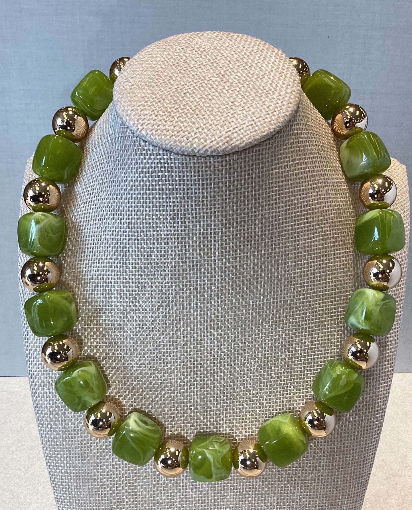 Acrylic Beaded Necklace in Green Marble Design with Gold Accent