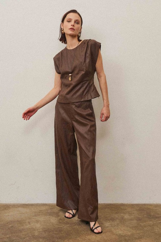 Leather Top And Pant Set - Chocolate