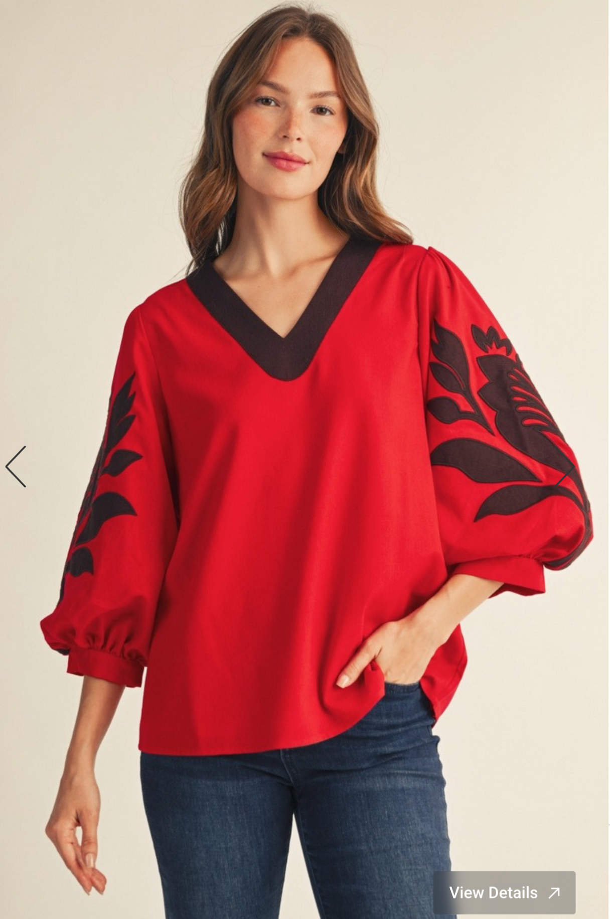 Applique Accent Puff Sleeves V Neck Woven Top