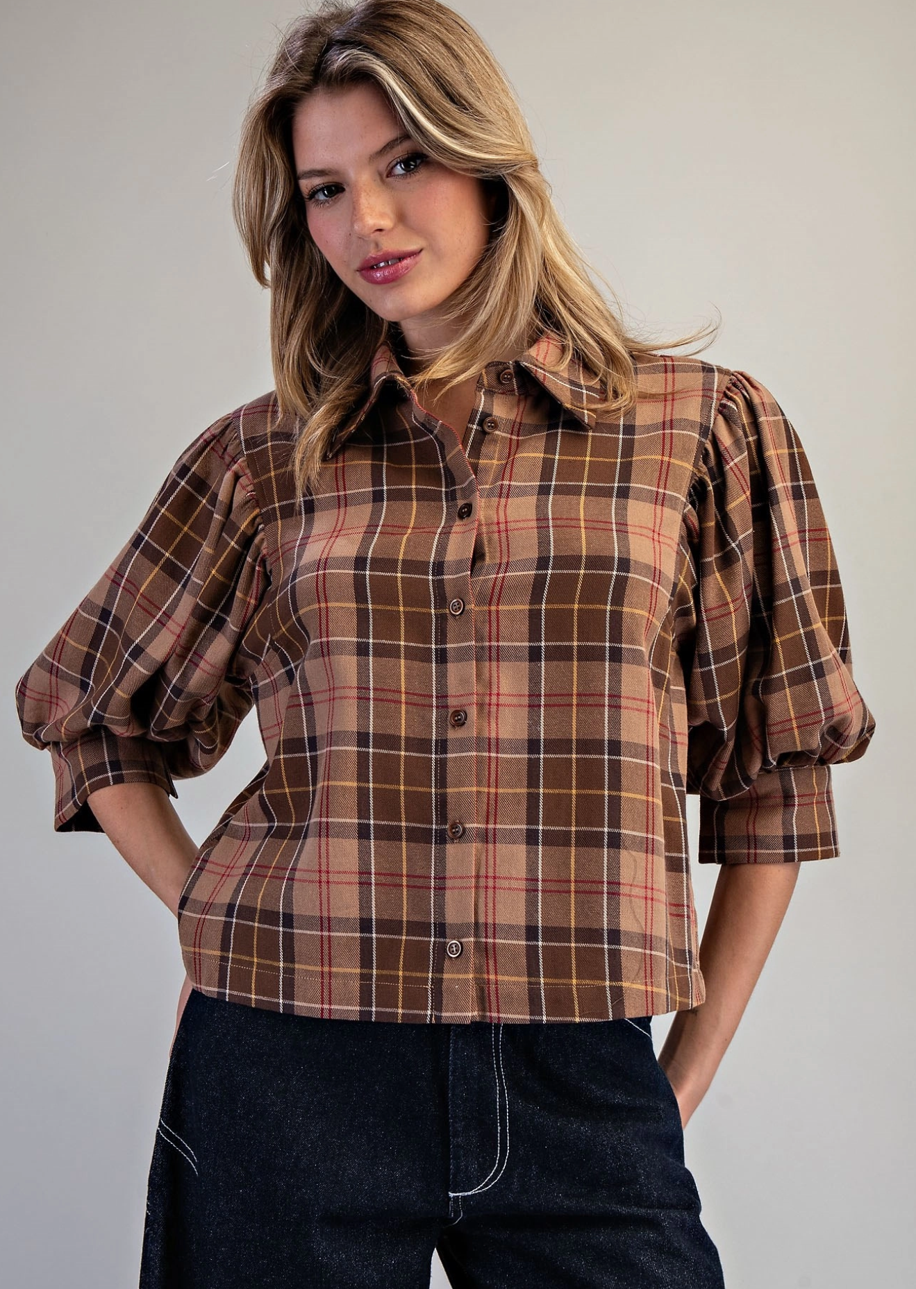 Plaid Button Down Blouse in Cappuccino