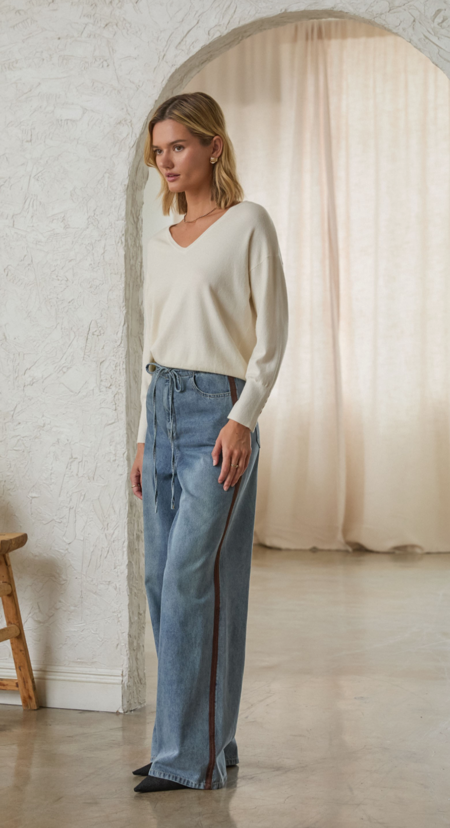 Washed Denim Faux Suede Side Line Detail