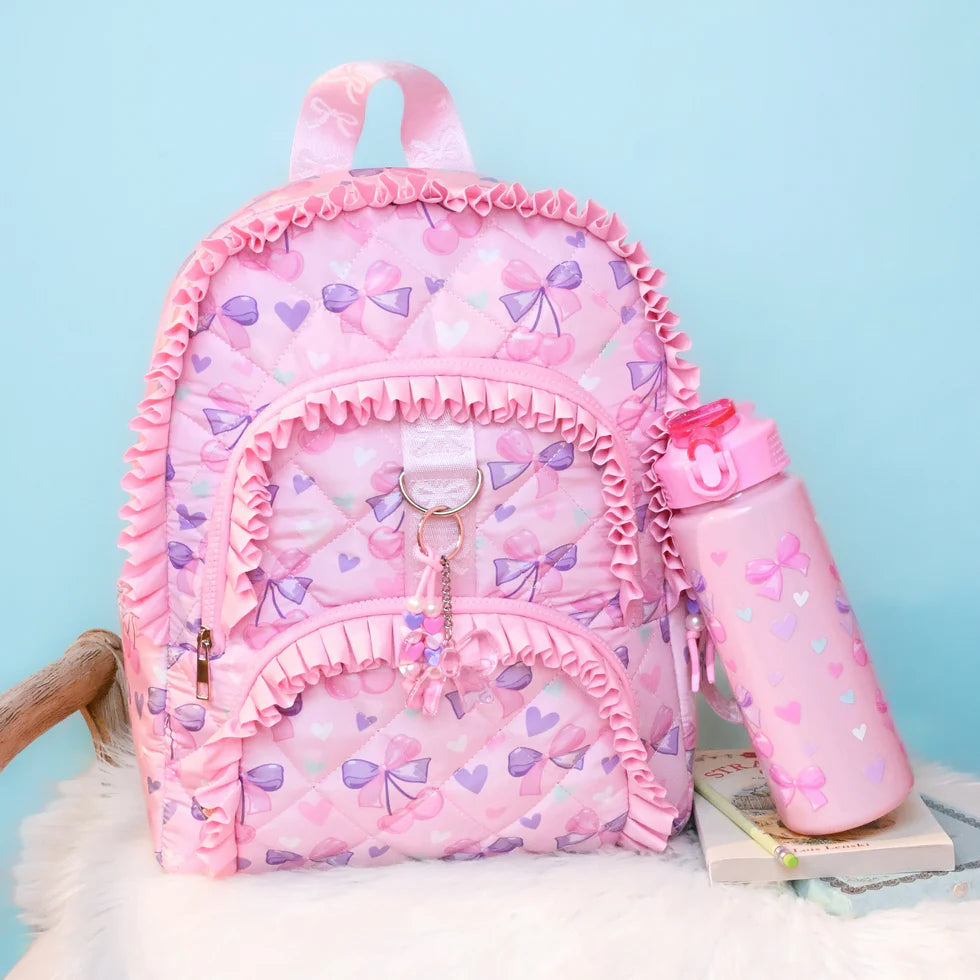 Cherry Bow Printed Ruffle Quilted Large Backpack