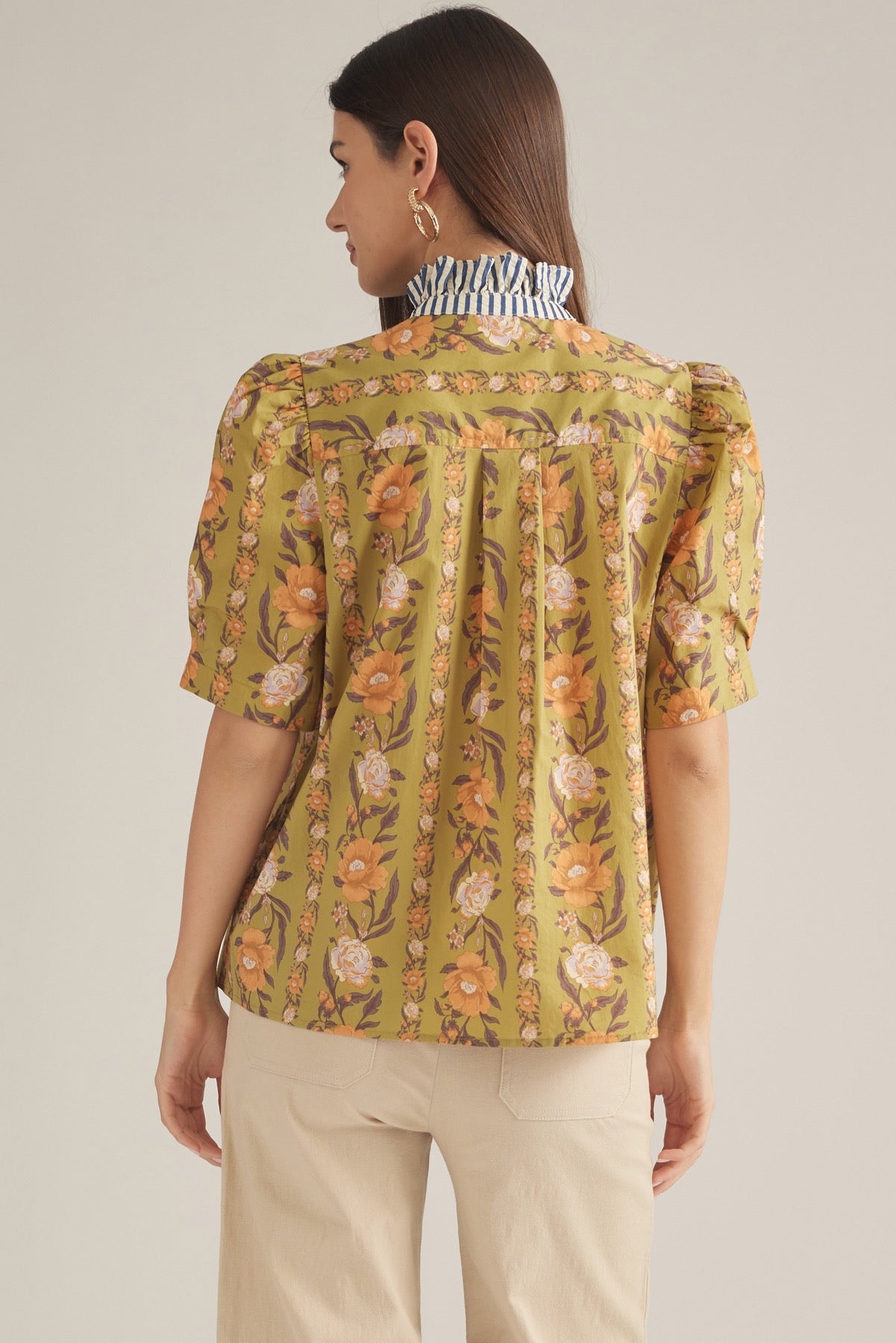 Olive Puff Sleeve Floral Top