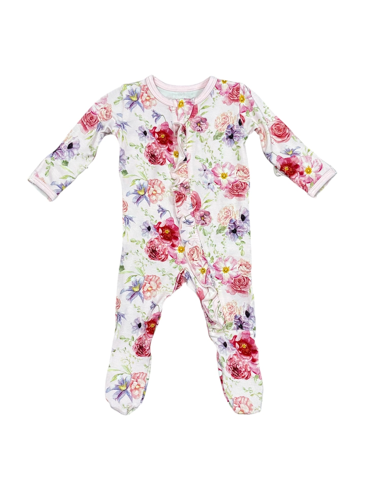 Bamboo Ruffle Footie with 2-Way Zipper - Shrinking Violet Dreamy Floral