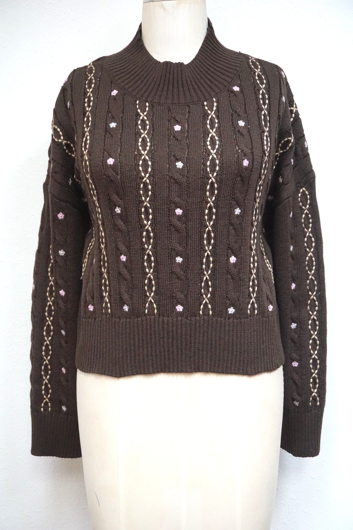 Chocolate Mock Neck Cable Knit Sweater