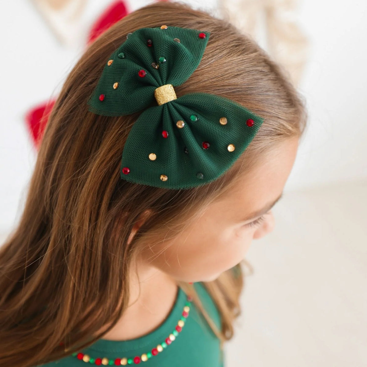Emerald Rhinestone Christmas Tulle Bow