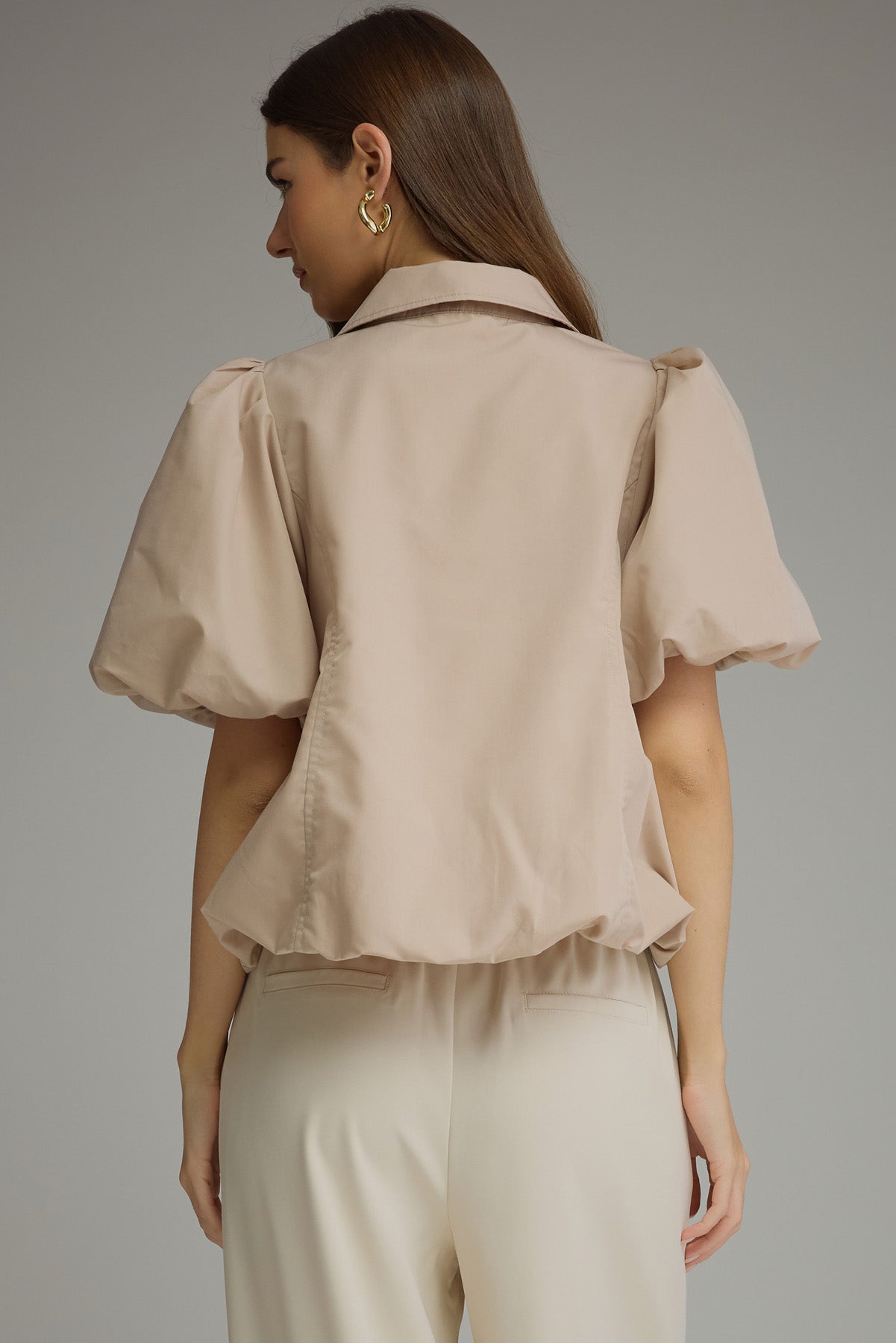 Light Taupe Puff Sleeve Zip Top