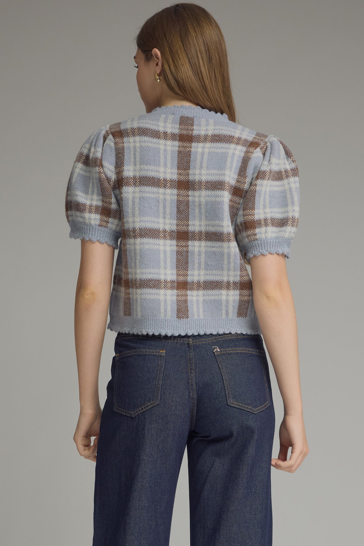 Dusty Blue Plaid Puff Sleeve Top