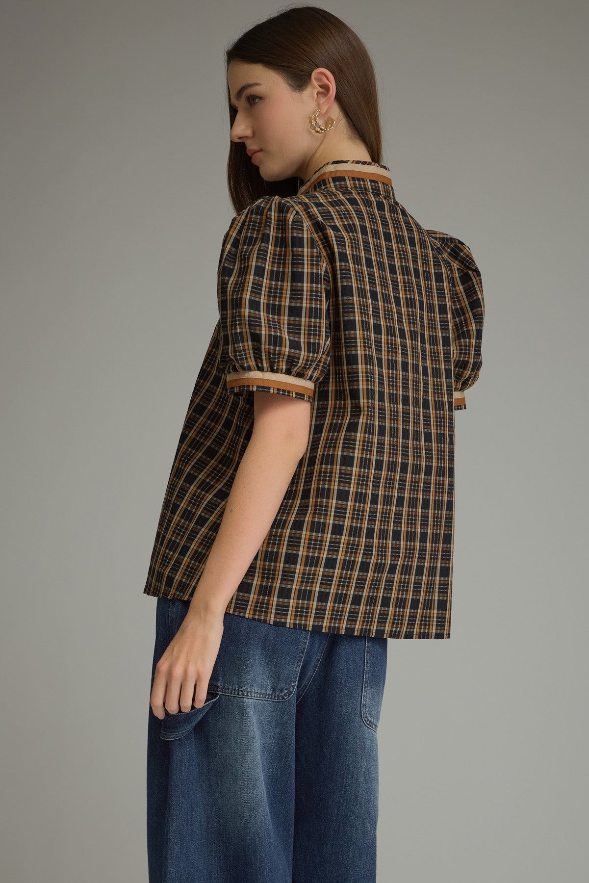 Plaid Puff Sleeve Top - Black