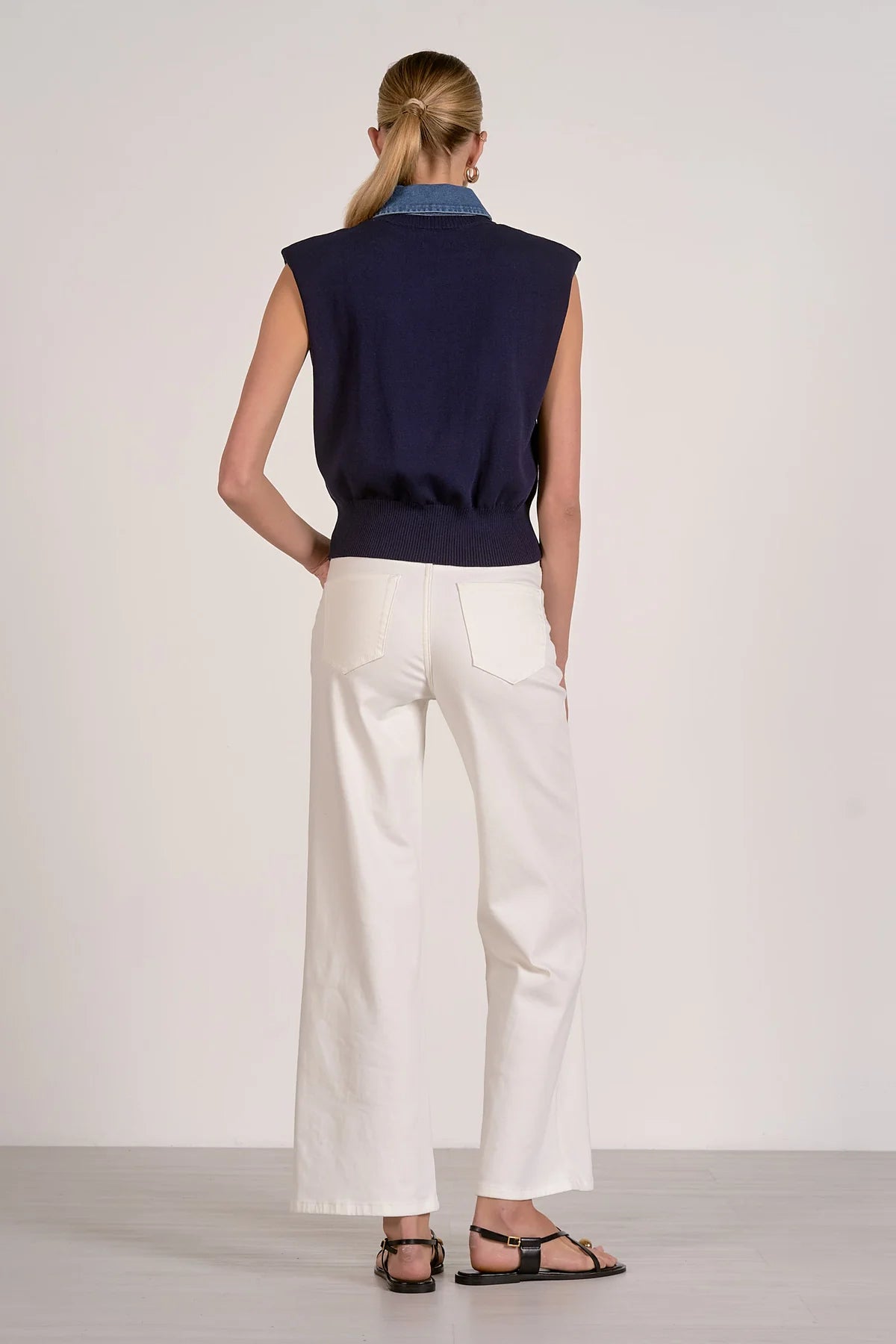 Cap Sleeve Mixed Media Top - Navy