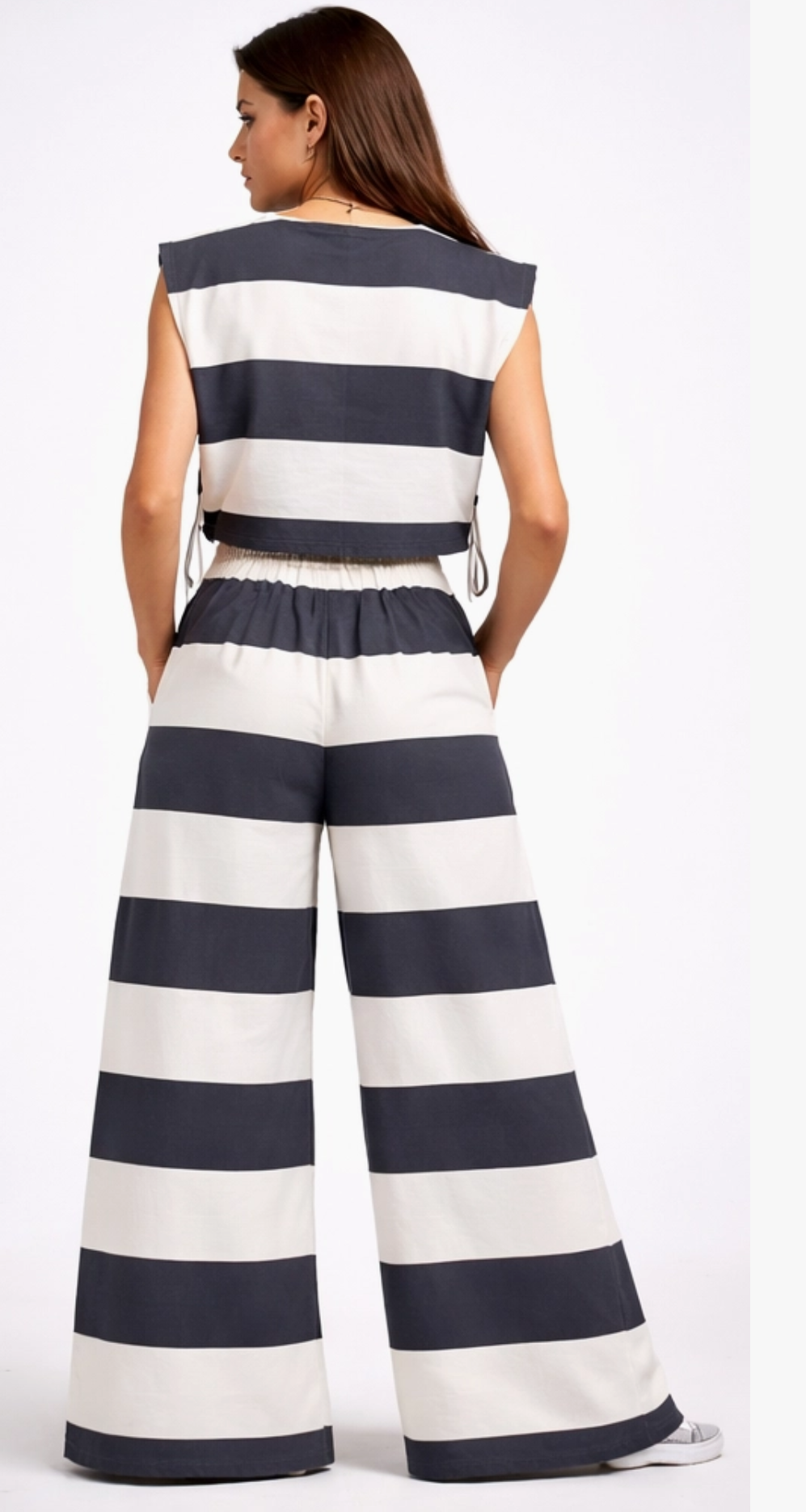 White and Navy Stripe Sleeveless Side Tie Top