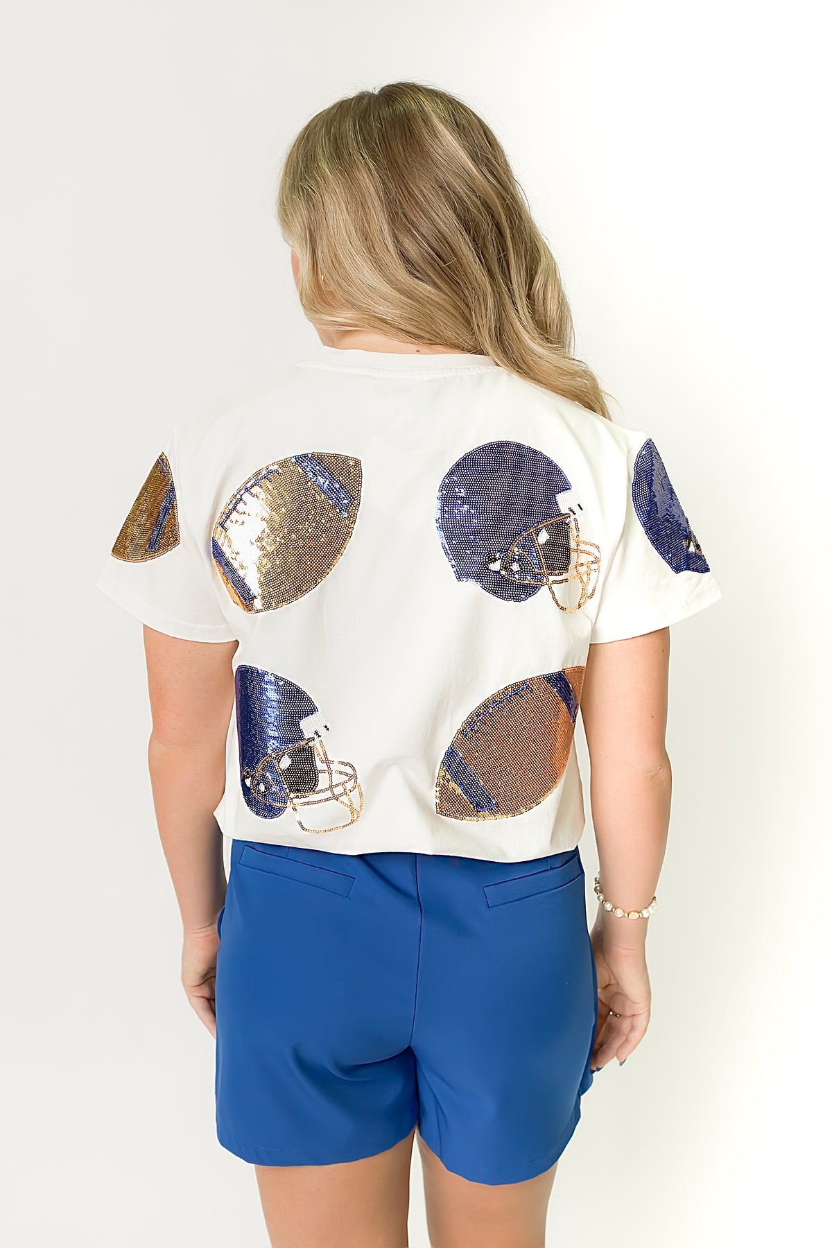 Women's Blue & Gold Sequin Football Fever Tee