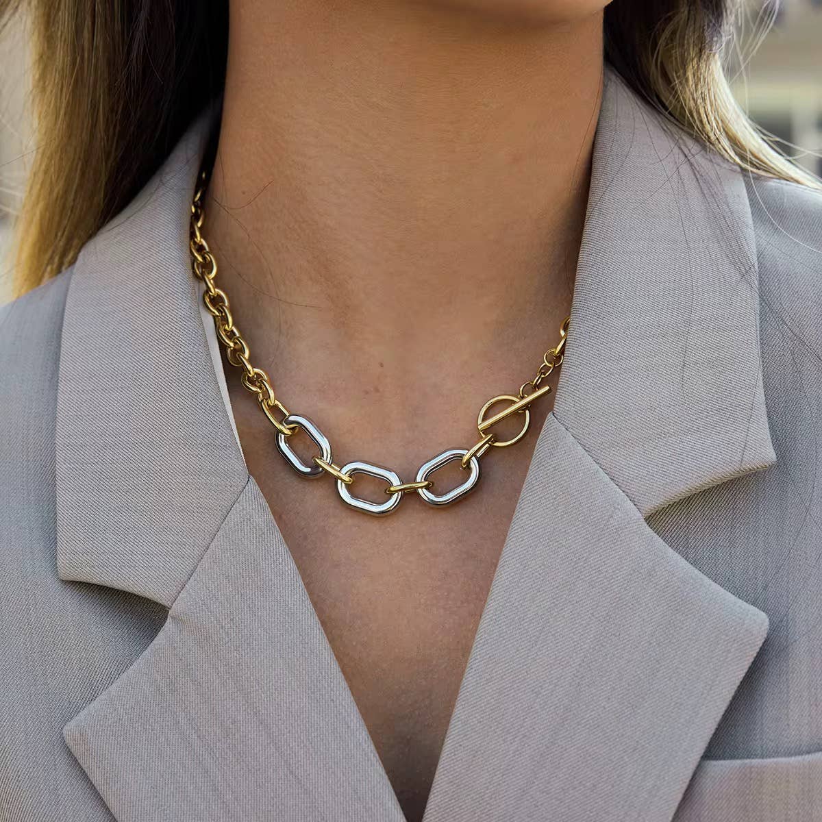 Mixed Metal Oval Toggle Necklace