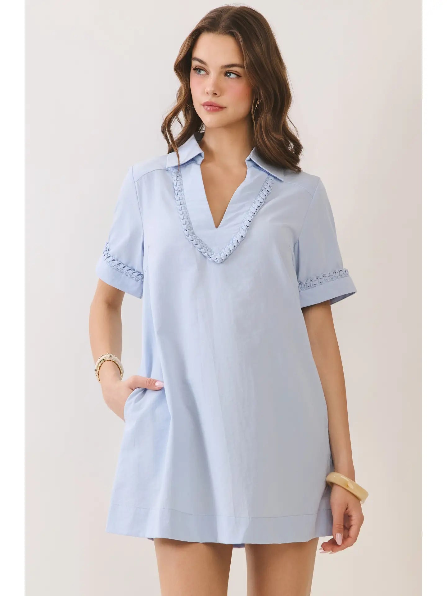 Blue Braided Collared Mini Dress