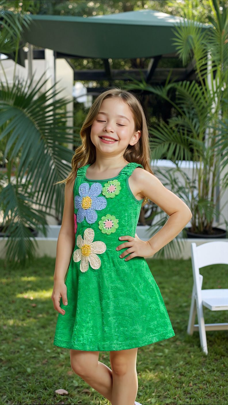 Green Fit & Flare Dress W Flower Trim Detail