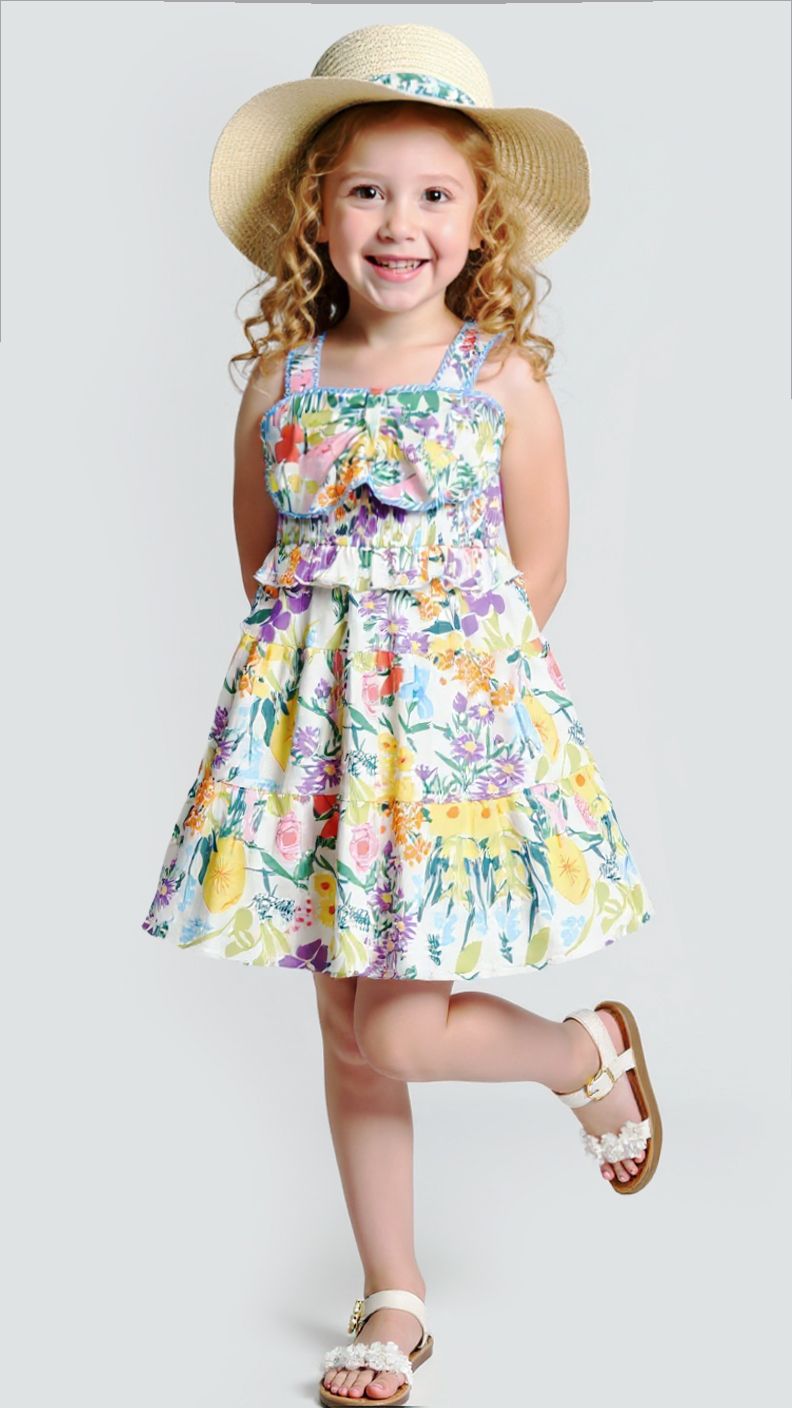 Ivory Multi Floral Print Dress W Bow