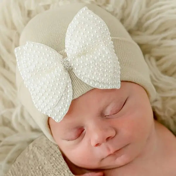 Beige Hat W Pearl Bow Newborn Girls Hospital Hat