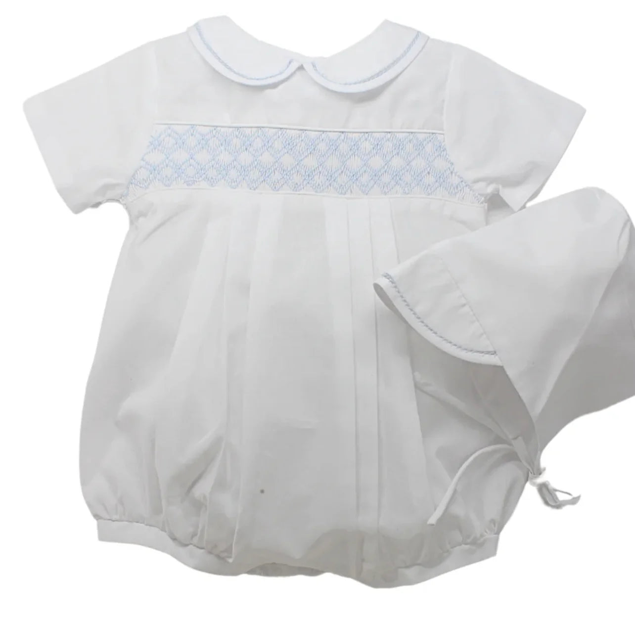 White & Blue Smocked Bubble & Bonnet