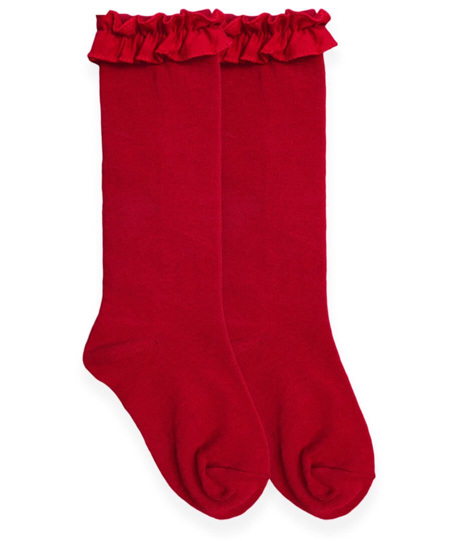 Red Ruffle Knee High Socks 01658