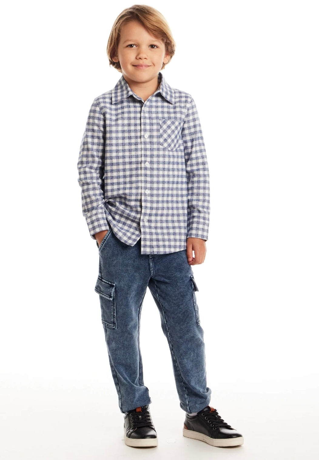 Buttondown & Knit Denim Jogger Set | Grey Gingham