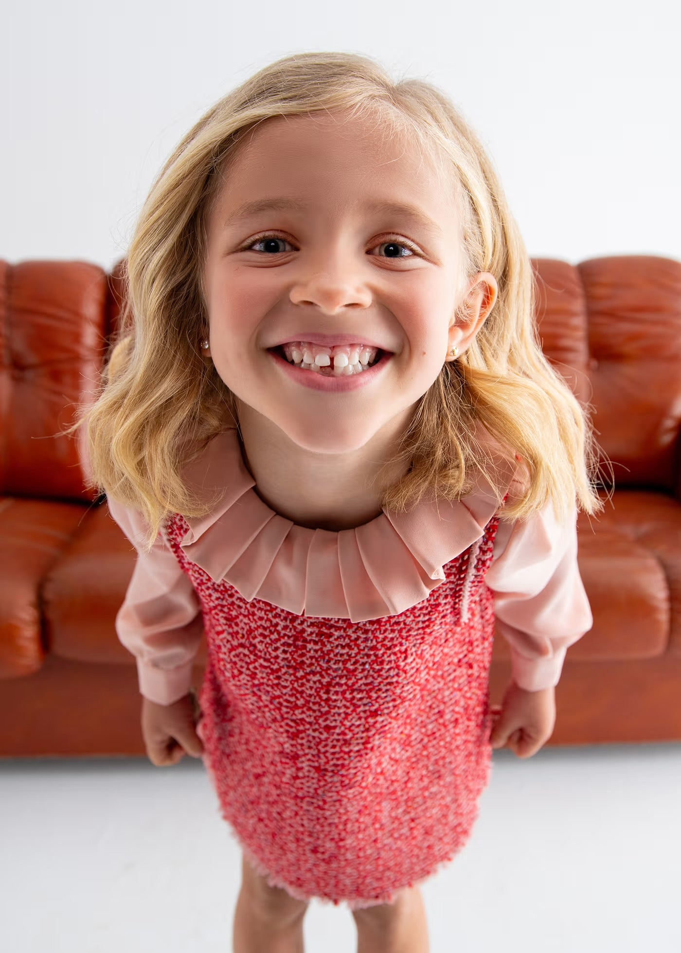 Red & Pink Plaid Pinafore Dress W Ruffled Collar