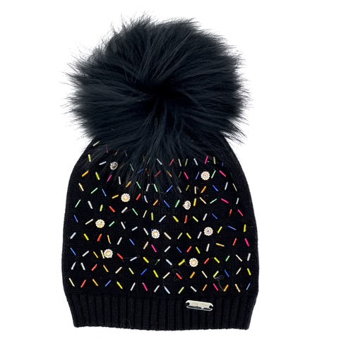 Black Sprinkle Beanie With Fur Pom
