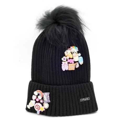 Black Charm Cluster Hat With Fur Pom