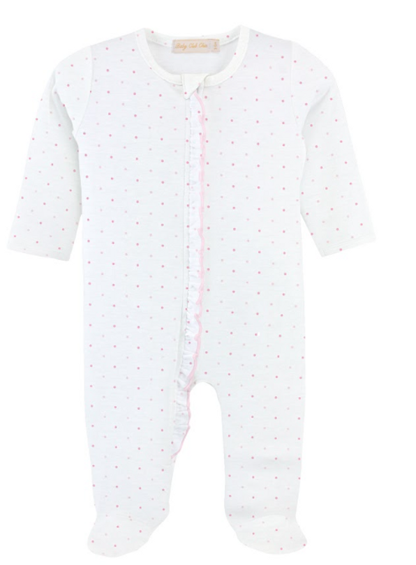 Pink Dot Printed Zipper Footie W Ruffles