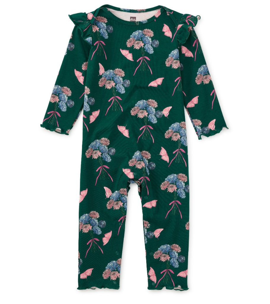 Floral & Butterfly Bouquet Ruffle Shoulder Baby Romper