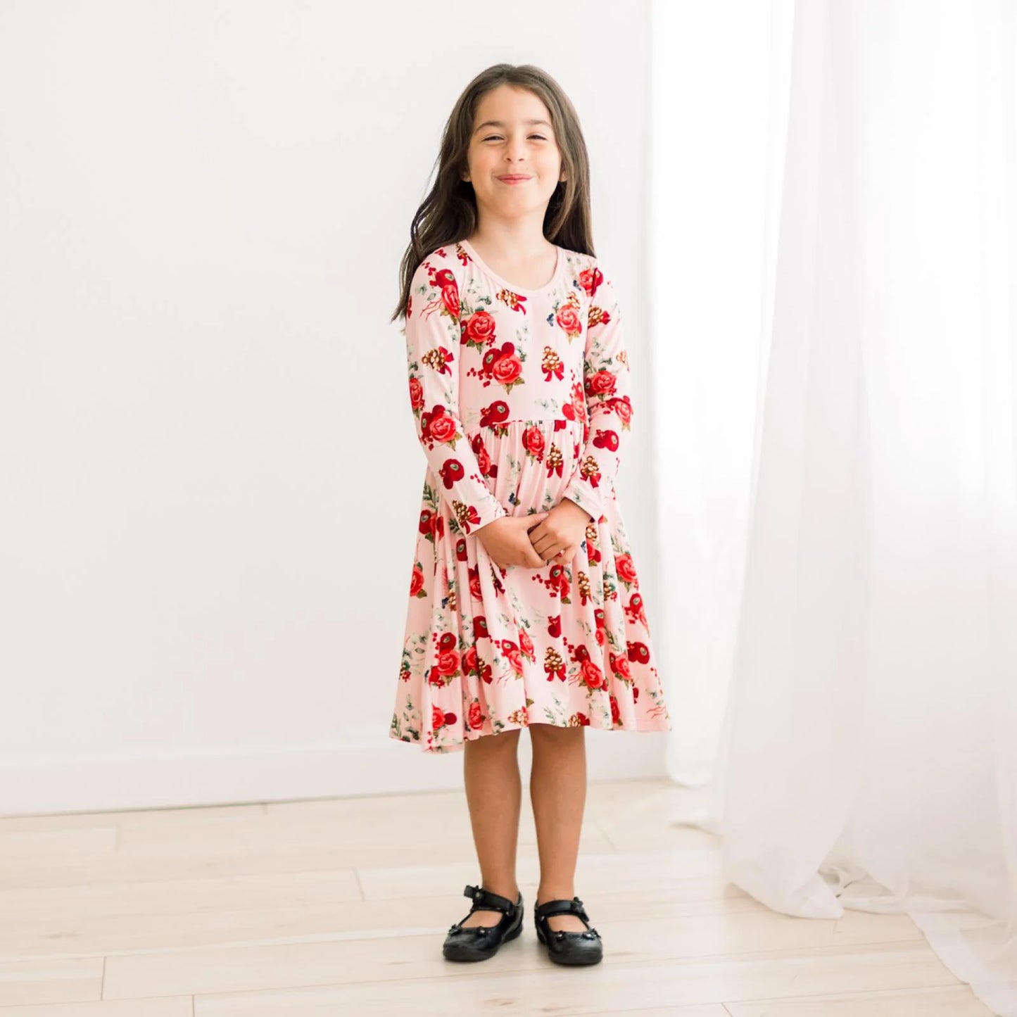 Baby Rose Holiday Floral LS Twirl Dress
