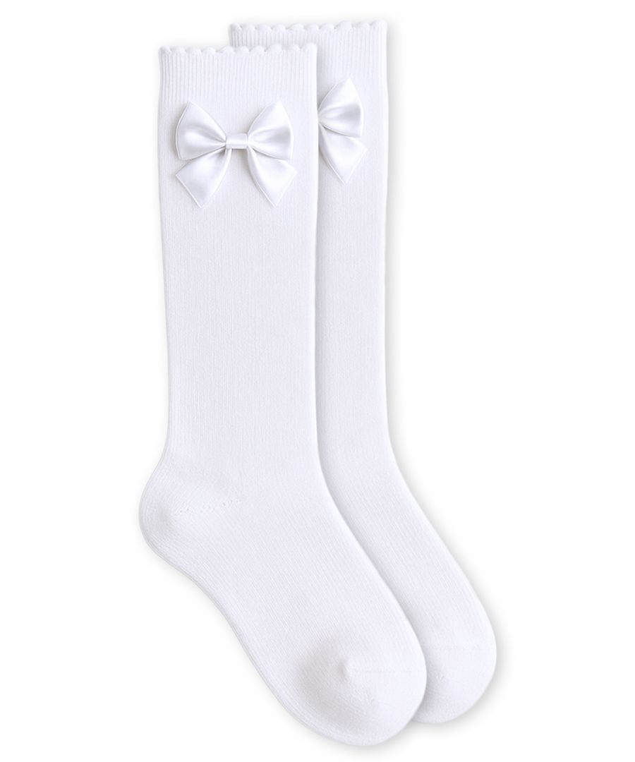 Satin Bow Scalloped Top Cotton Knee High Socks