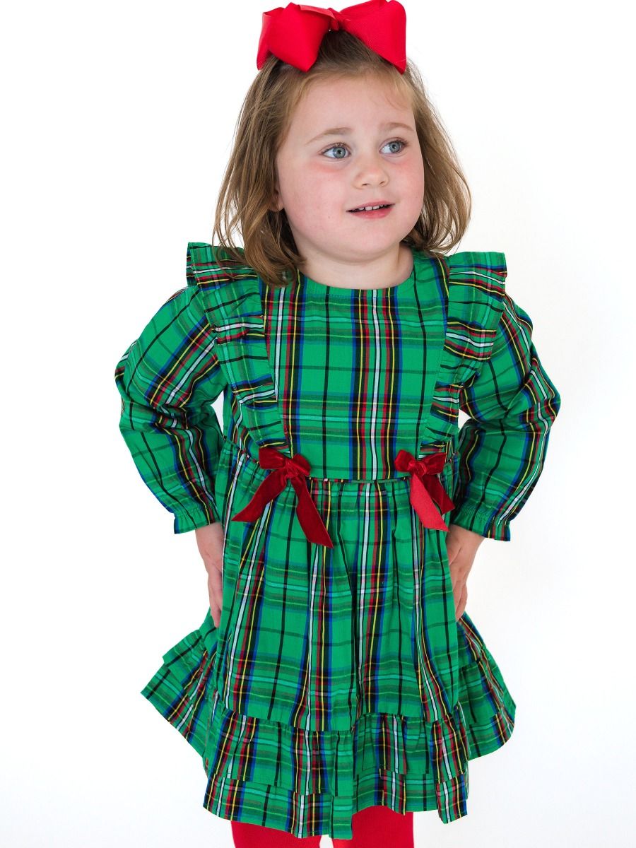 Green Nicholas Plaid Woven Waterfall Bow Dress