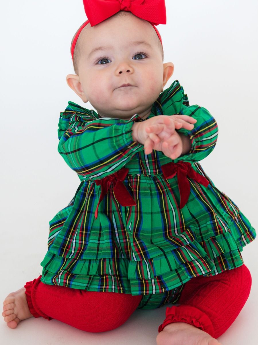 Green Nicholas Plaid Waterfall Bow Swing Top & Bloomer Set