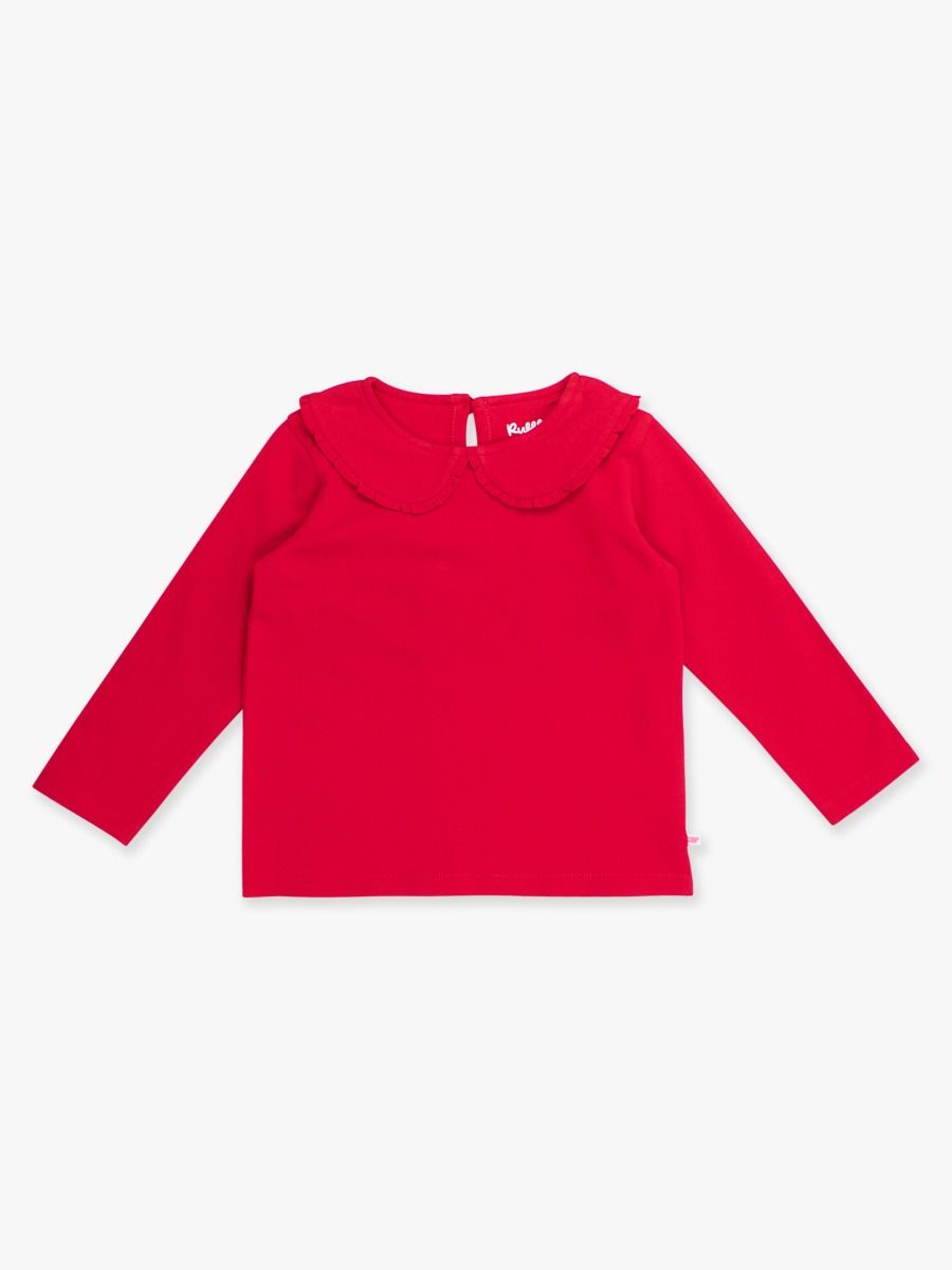 Red Knit Long Sleeve Ruffle Peter Pan Tee