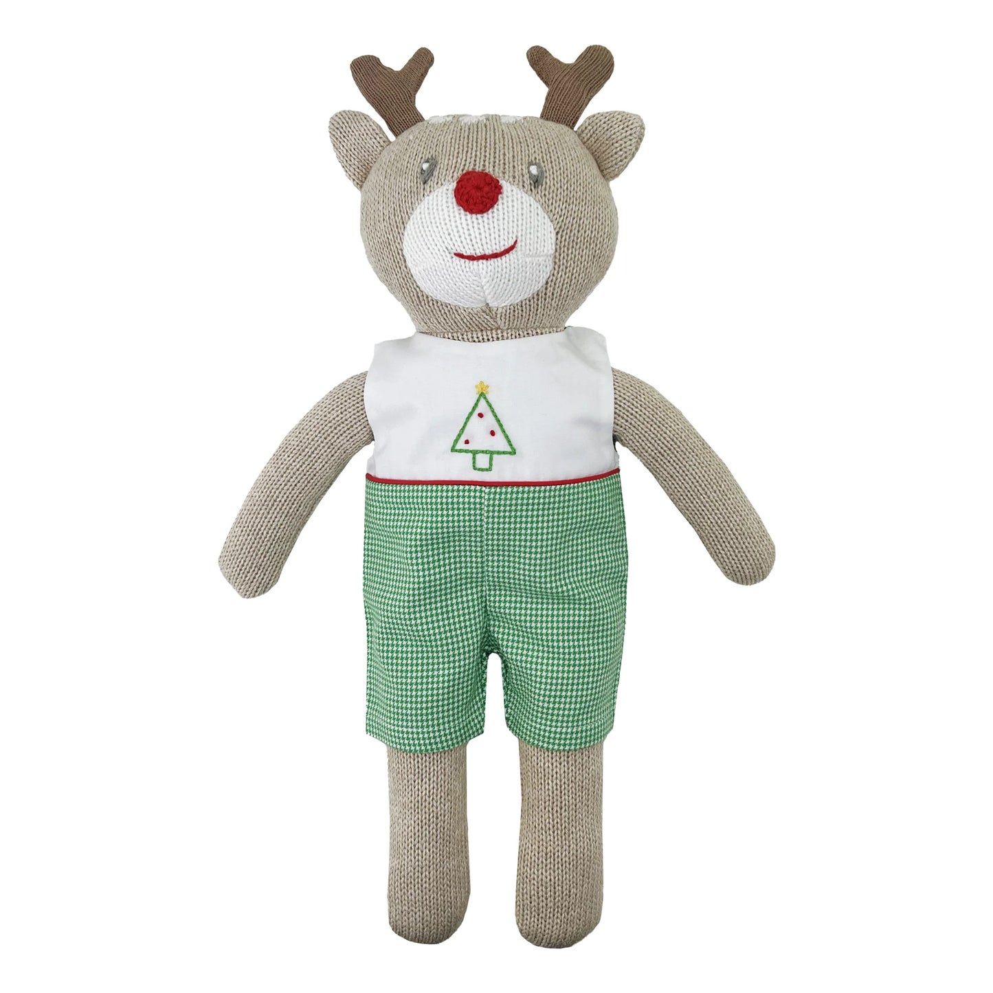 Knit Reindeer Doll with Embroidered Green Check Romper