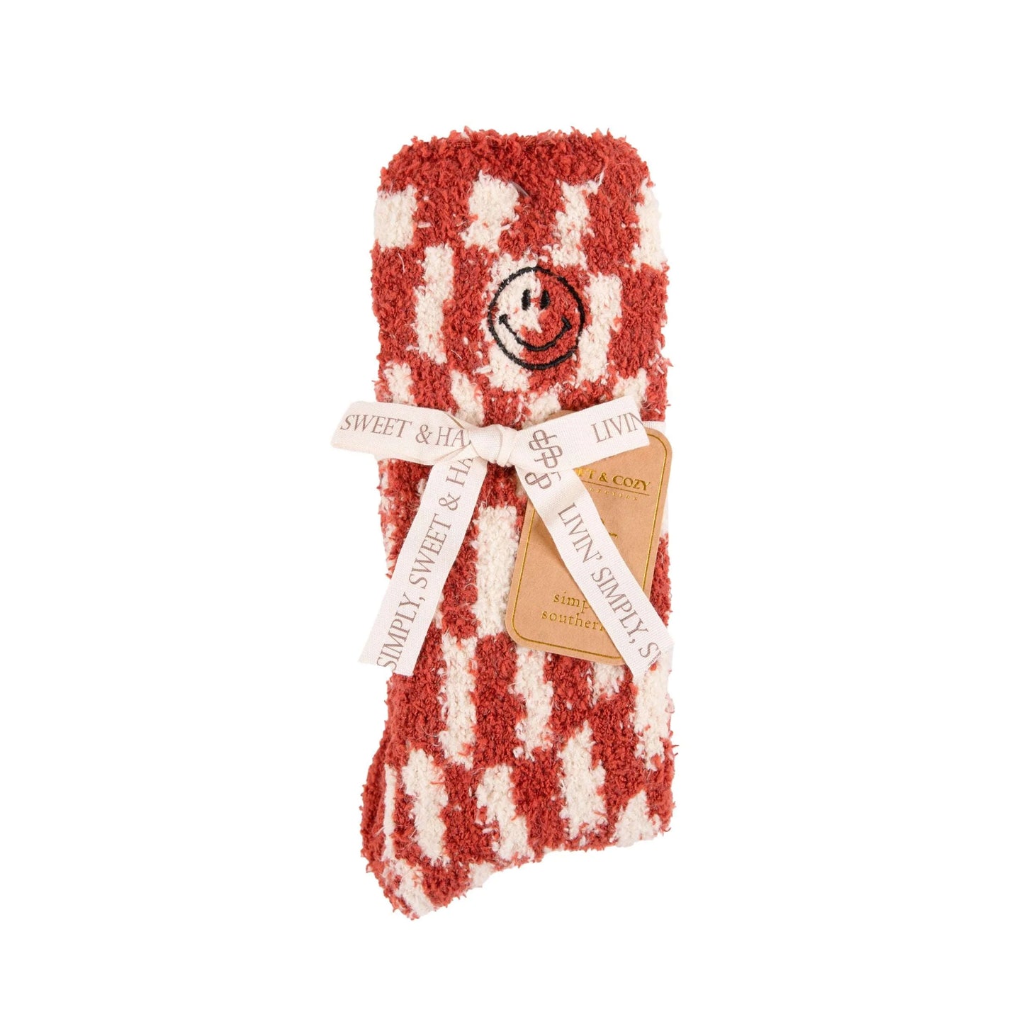 Red Plaid Smiley Fuzzy Socks