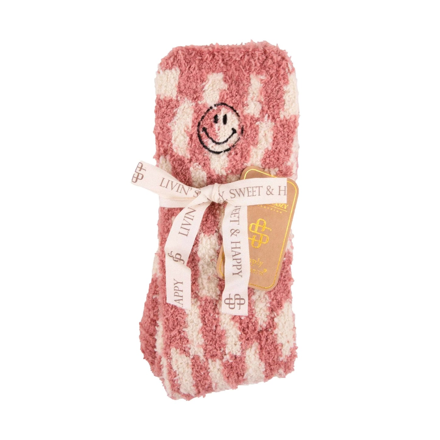 Pink Plaid Smiley Fuzzy Socks