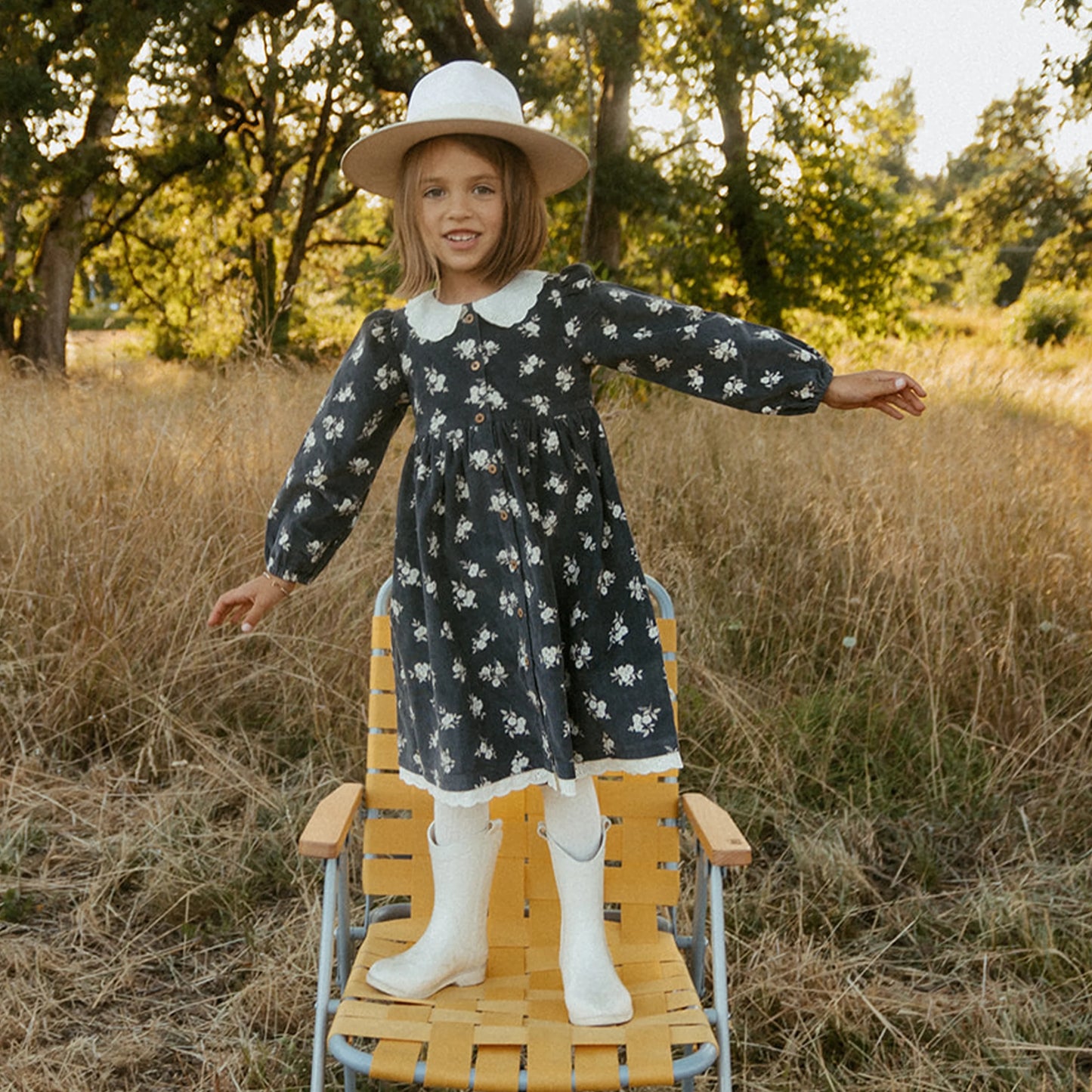 Organic Corduroy Collard Button Dress Navy Bloom